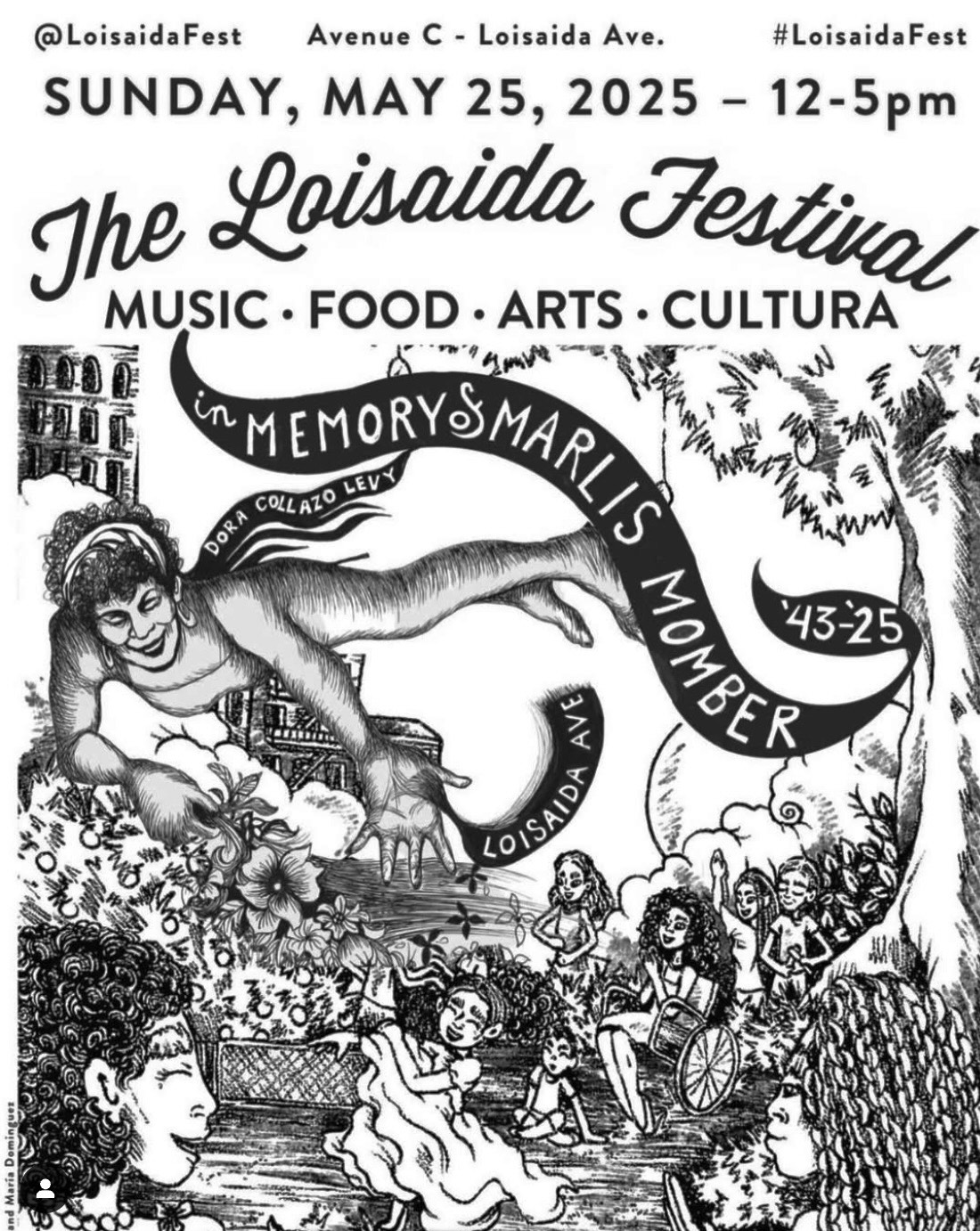 Black and white illustrated flyer for The Loisaida Festival Sunday May 25, 2025